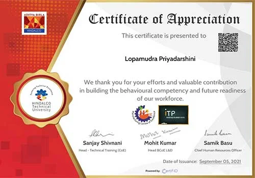 Appreciation certificate by Hindalco