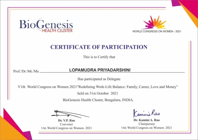 Certificate of appreciation & Participation VI World Congress on Women 2021 (Virtually) summit.